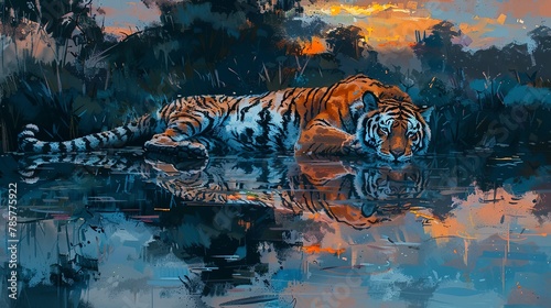Noble tiger by water's edge, oil paint effect, tranquil reflection, dusk light, serene blues and oranges.  © Thanthara
