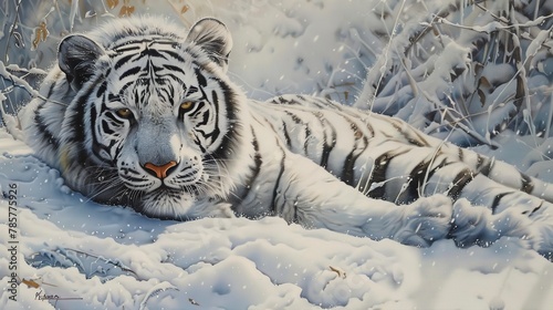 White tiger in snow  dynamic oil painting style  stark contrast  soft whites  serene beauty  silent grace.