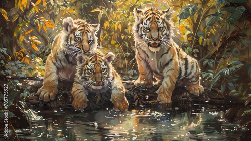 Playful tiger cubs, classic oil painting look, soft sunlight, joyful antics, lush foliage, vibrant scene. -