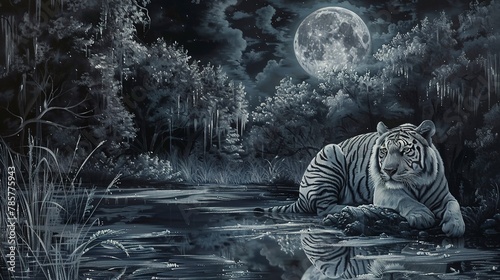 Tiger in moonlit clearing, oil painting technique, mystical night, silver hues, contemplative solitude.  photo