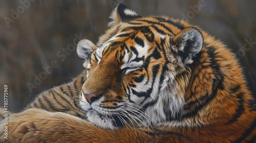 Mother tiger with cub  classic oil painting look  tender moment  warm embrace  soft lighting  protective gaze. 