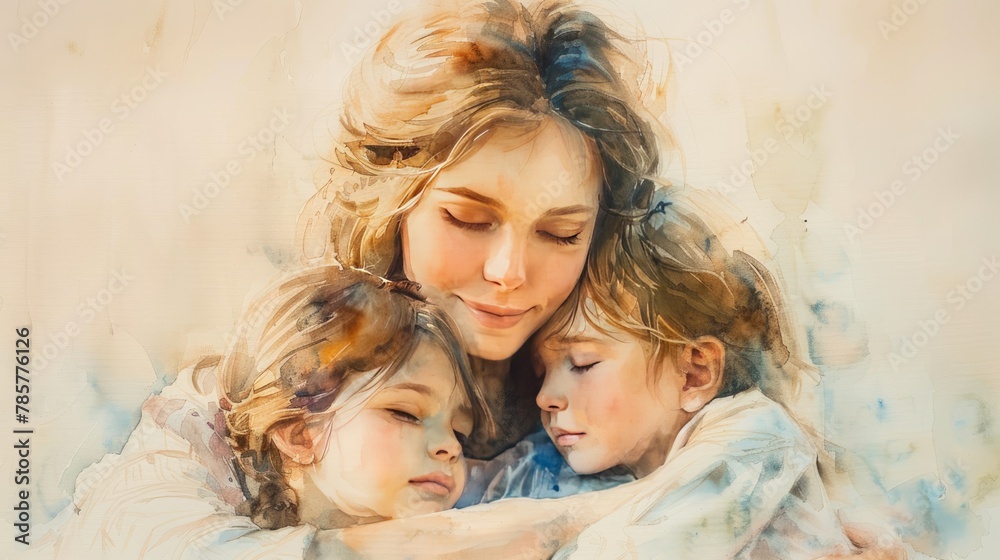 A heartwarming painting of a mother lovingly embracing her two children A heartwarming painting of a mother lovingly embracing her two children