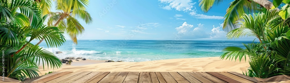 Fototapeta premium A tropical beach with clear blue water, palm trees framing the view of the horizon