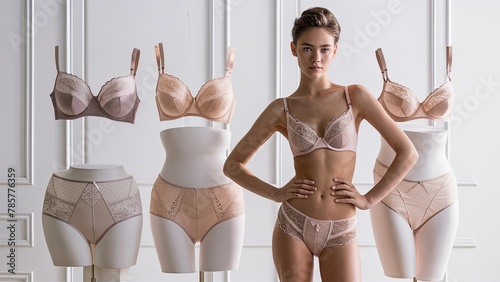 Studio photo of a model girl in underwear, an advertisement for an underwear store, an advertisement for different models of underwear, a thong