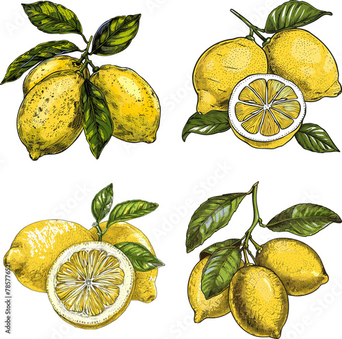 Set of Color engraving raster illustration Lemon fruit isolated on white background