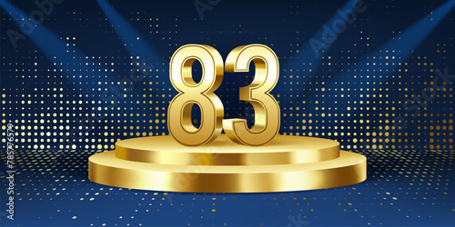 83rd Year anniversary celebration background. Golden 3D numbers on a golden round podium, with lights in background.