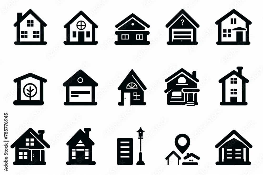 Home icon set. Containing house, property, loan, town, landlord, insurance, location, mortgage, for sale and more. Solid vector icons collection. vector icon, white background, black colour icon