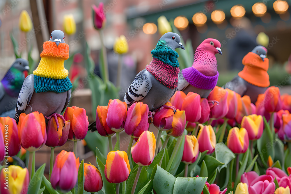 Whimsical World: Pigeons in Winter Clothes Perched on Surreal, Colossal Tulips