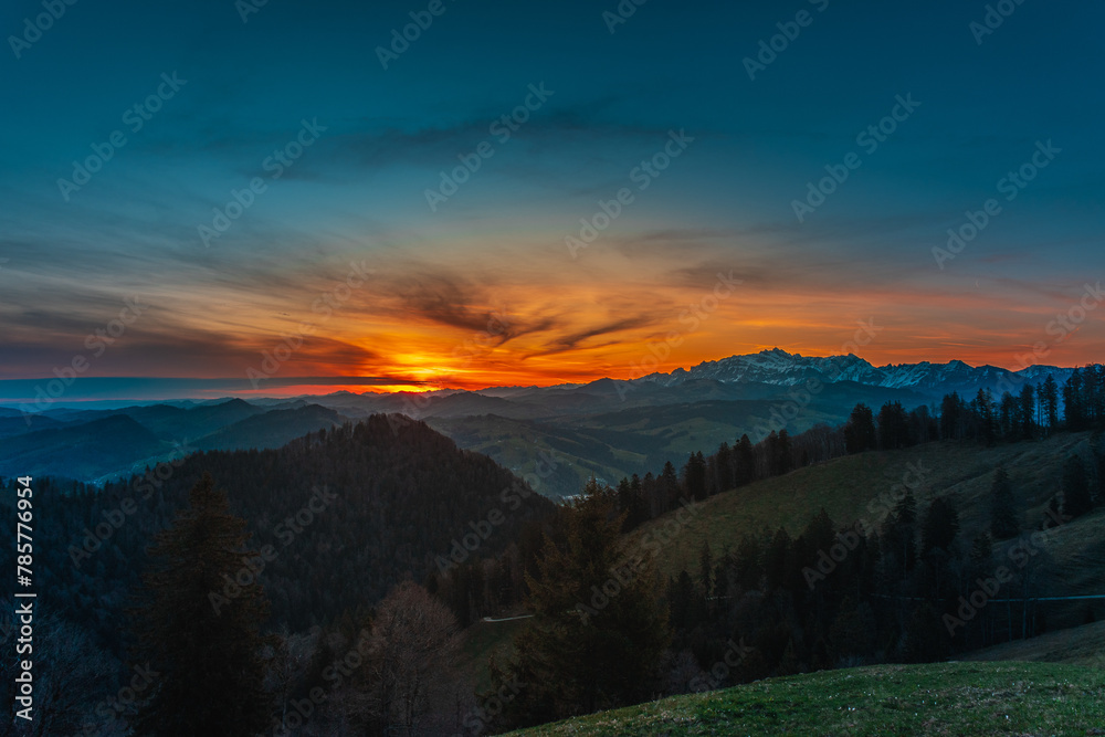 Sunrise from Chrüzeggalp Wattwil, Switzerland over Swiss Alps