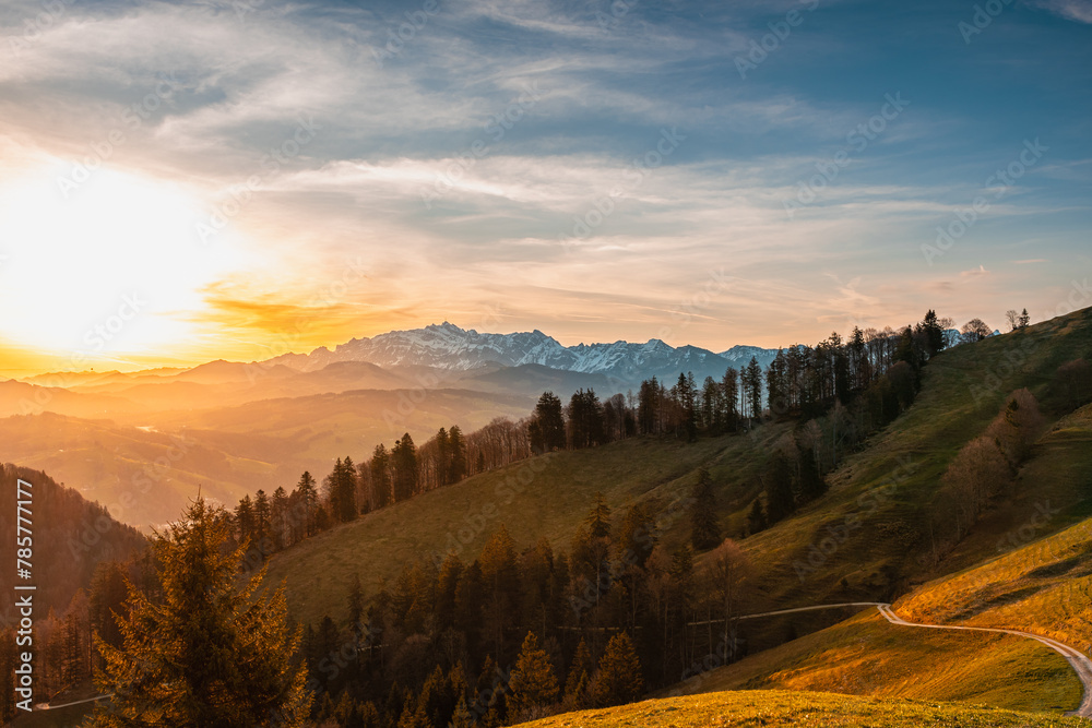 Sunrise from Chrüzeggalp Wattwil, Switzerland over Swiss Alps