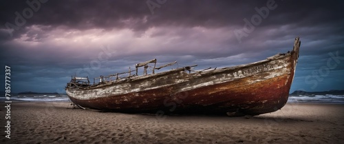 Un vieux bateau en bois échoué sur une plage de sable fin, témoin silencieux du temps qui passe, ses planches usées racontent des histoires de voyages lointains et d'aventures oubliées. photo