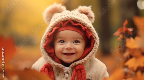 baby Smiling with a red hood on his head looking at camera full surrounded by dry autumn leaves in blurred background.