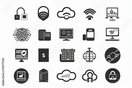 Information Technology icon set. Containing cloud computing, IT manager, big data, data analytics, internet, network security and more. Solid vector icons collection vector icon, white background, bla photo