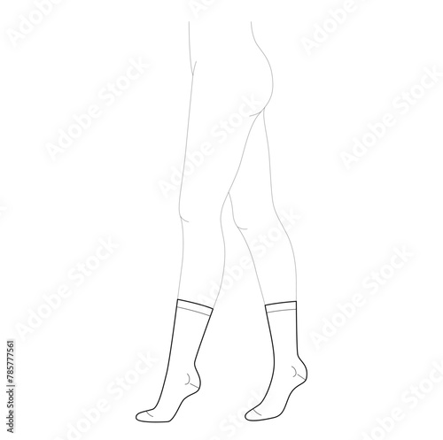 Set of stocking hosiery crew calf length hose. Fashion accessory clothing technical illustration. Vector side view for Men, women, unisex style, flat template mockup sketch outline on white background