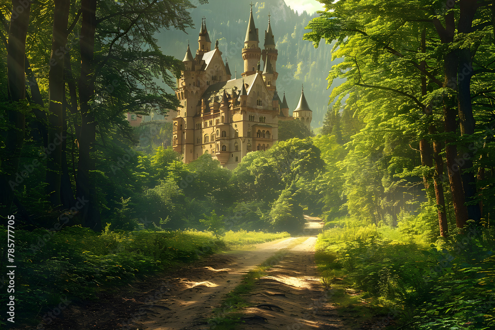 Road to fairy tale castle in deep green wood on sunny day