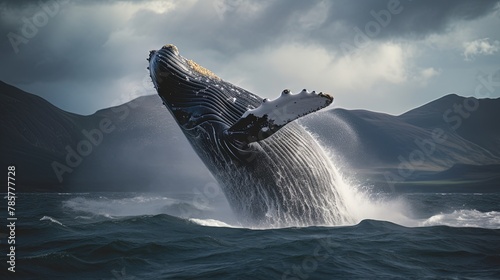 A stunning poster depicting a humpback whale in its natural environment. Huge jump of a humpback whale. Generative AI © kovalovds