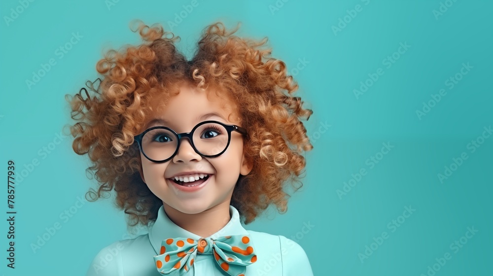Obraz premium Happy little curly blond girl with big eyeglasses. Isolated on solid blue background.