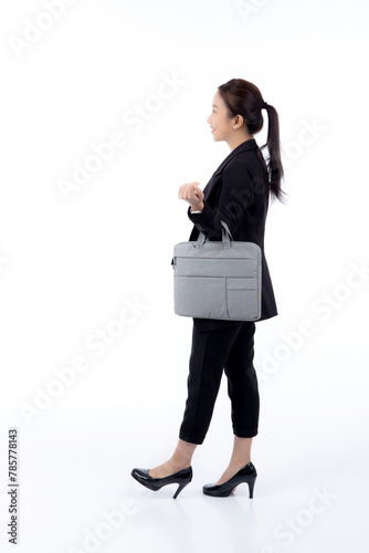 Beautiful portrait young business asian woman holding a briefcase isolated white background, confident businesswoman holding document bag, one person, employee contemporary, cut out.