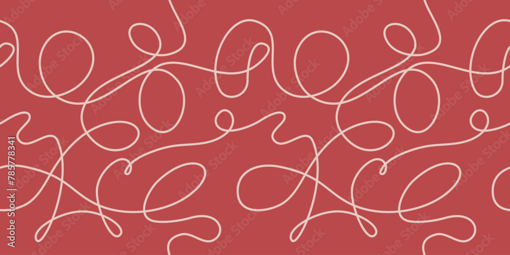 Fototapeta premium Seria abstrakcyjnych krętych linii. Poplątane nitki. Minimalistyczne wzornictwo, bezszwowe czerwone tło. Wektorowa ilustracja.