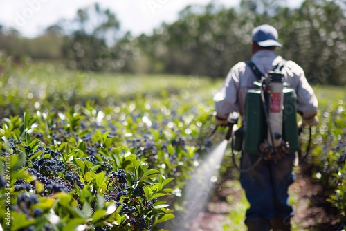Farmer meticulously using a pesticide, insecticide and herbicide sprayer in a vibrant blueberry farm during the tranquil springtime, before the onset of blooming © Saran