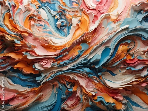 Mesmerizing swirl of vibrant colors dominates image, creating visual symphony of hues, tones that dance, intertwine with one another. Fluidity of shapes, patterns suggests liquid, viscous medium.