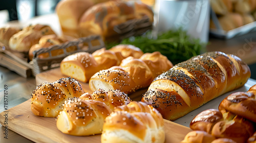 Fresh bakery breads with sesame and poppy seeds, close-up.