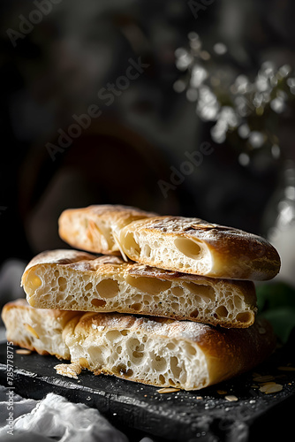 Freshly baked bread on a dark board, with a soft, airy interior.