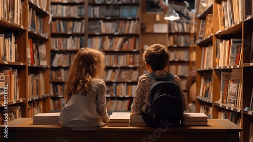 two children sitting in a bookstore, looking at shelves filled with books, and talking about the books, back to school concept. photo