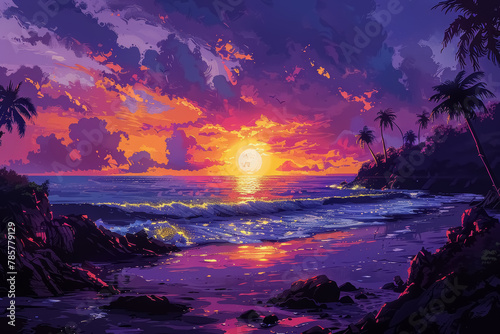 tropical beach sunset with vibrant colors, silhouetted palm trees and reflective ocean waves