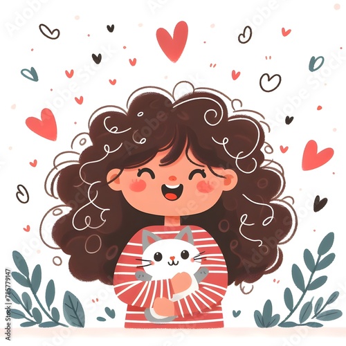 illustration of a girl happy with curly hair holding a cute cat