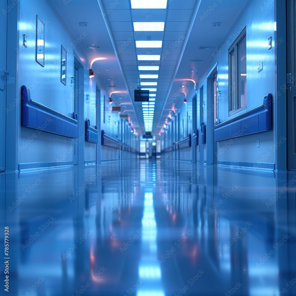 Obraz premium The interior waiting room hallway of the hospital is slightly dim, clean and well maintained. With objects of employees passing by motion blur. Great for business, health, services etc