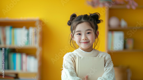 Young happy cute asian girl smile hug book