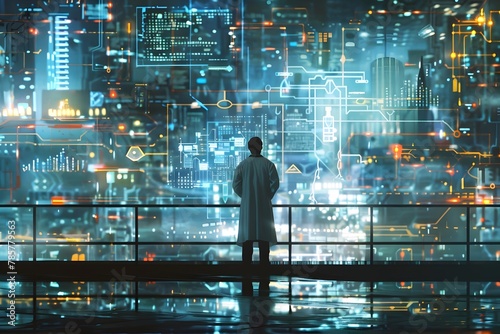 A man in a lab coat stands on a bridge looking out over a city. The city is illuminated with bright lights and the man is looking at something in the distance. Scene is one of curiosity and wonder