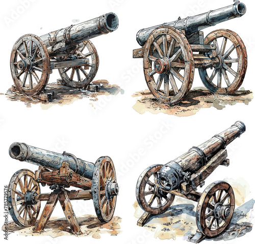 Color engraving raster illustration set of Old cannon isolated on white background