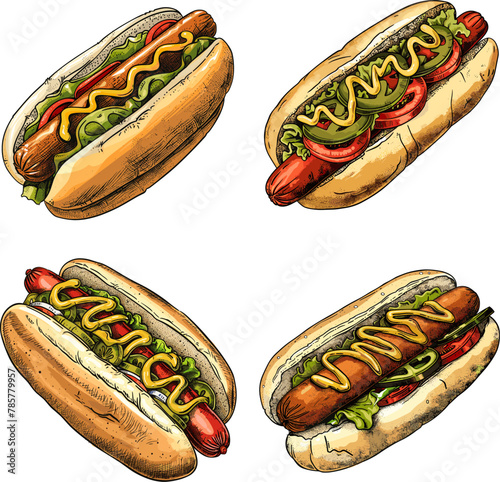 Color engraving raster illustration set of Hot dog isolated on white background