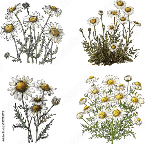 Set of Color engraving raster illustration Matricaria chamomilla fruit isolated on white background
