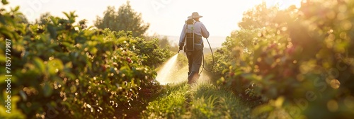 Farmer meticulously using a pesticide, insecticide and herbicide sprayer in a vibrant blueberry farm during the tranquil springtime, before the onset of blooming photo