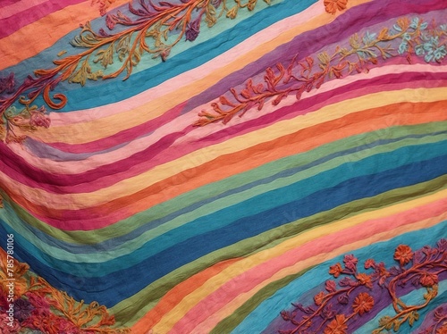 Vibrant display of colors showcased in fabric with horizontal stripes of varying hues including pink, blue, green, orange, purple. Each stripe distinct yet blends seamlessly into next.