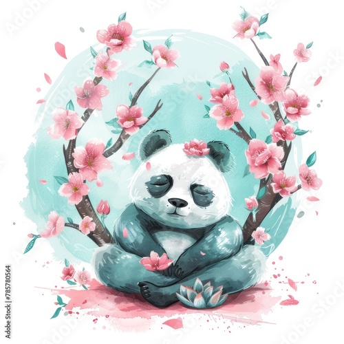 Watercolor depiction of a cute panda sitting among sakura branches, ideal for children's albums and cards.