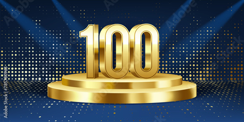 100th Year anniversary celebration background. Golden 3D numbers on a golden round podium, with lights in background.