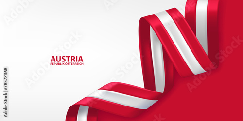 Austria 3D ribbon flag. Bent waving ribbon in colors of the Austria national flag. National flag background design.