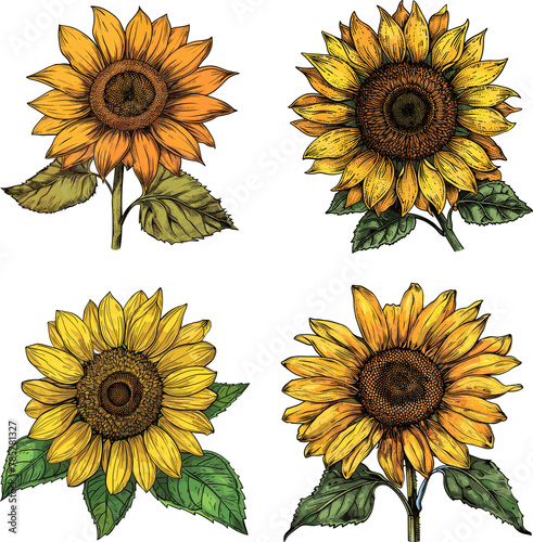 Color engraving raster illustration set of Sunflower isolated on white background
