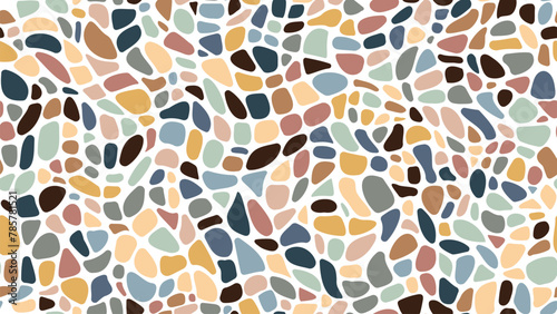 Mosaic gravel and pebble stone seamless pattern for floor tile, vector background. Color ceramic gravel or cobblestone pebbles mosaic pattern with soft shape stones in abstract irregular background