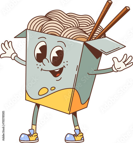 Cartoon retro noodles box groovy character. Isolated vector asian fast food pasta personage, noodles in carton package with chopsticks, wide grin and happy eyes exudes cool, laid-back 60s or 70s vibe