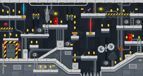 Arcade underground factory game level map interface. Traps and steel metal platforms and coins, golden stars on console or computer game level, arcade app vector background, retro videogame backdrop