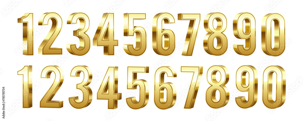 3D Golden numbers set, isolated on a white background. 