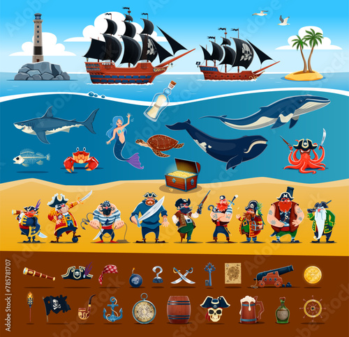 Cartoon pirate captains and sailors characters, ships and sea animals, pirate items. Funny corsairs vector personages with hats, swords, treasure chest and map, hook, eye patch, skull and parrot