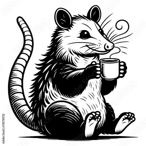 Coloring book image. Possum drinks tea. Vector, generative ai.