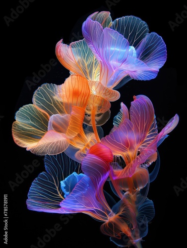 Blooming against a black backdrop, a colorful transparent fantasy flower stands alone. © Matthew