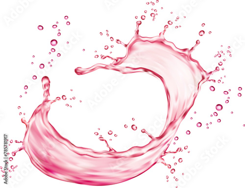 Realistic pink water swirl splash with drops. Fresh vitamin juicy drink, berry wine, pink water whirl isolated 3d vector fizz. Fruit juice splash realistic ripples or flow droplets